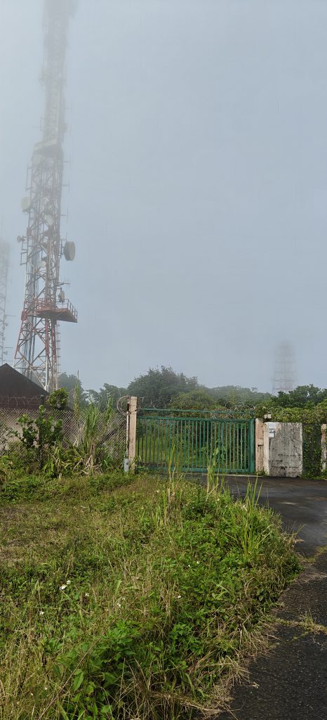 Transmitter mast in the mist behind an iron gate