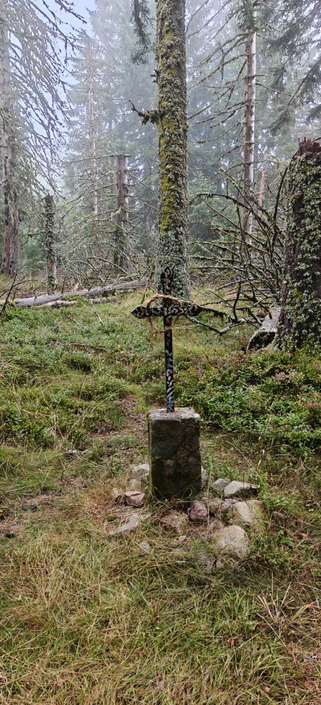 Small iron cross on a concrete base surrounded by forest undergrowth.